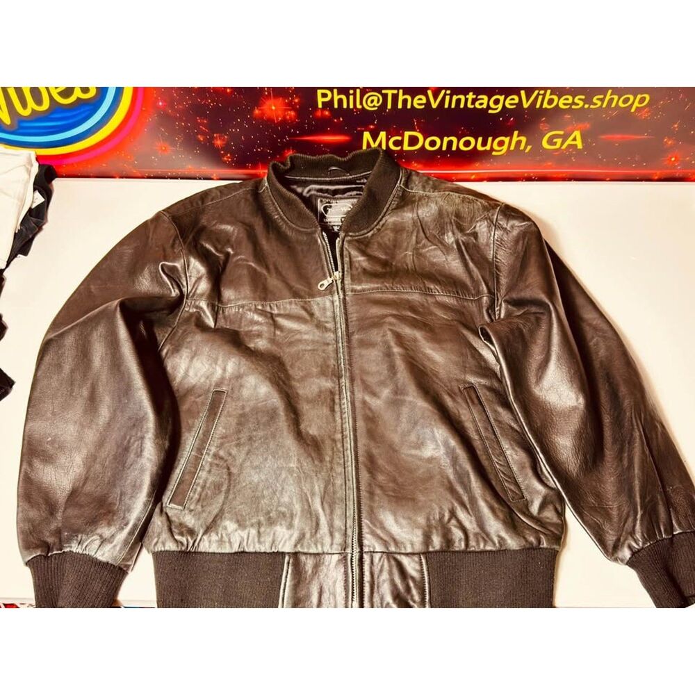 Vintage 1980s/1990s Tannery West Black Leather Bomber Jacket XL Genuine Leather